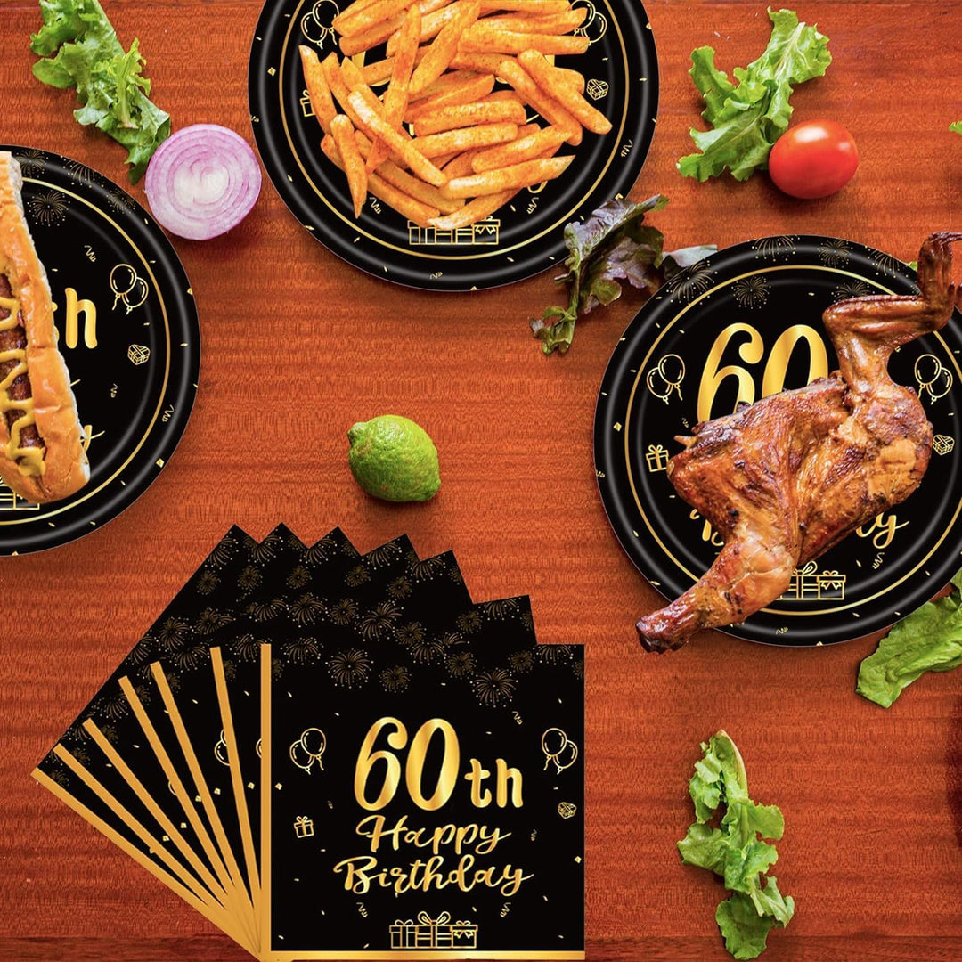 60th Birthday Tableware Set – Black & Gold, 145 Pieces - Just Closeouts Canada Inc.