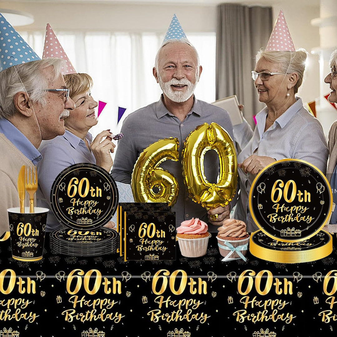 60th Birthday Tableware Set – Black & Gold, 145 Pieces - Just Closeouts Canada Inc.