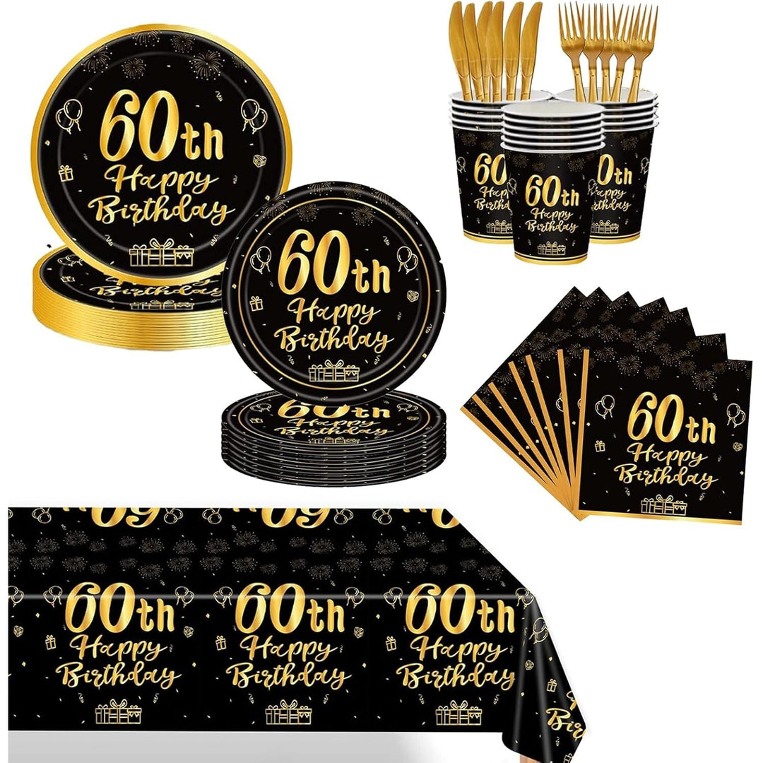 60th Birthday Tableware Set – Black & Gold, 145 Pieces - Just Closeouts Canada Inc.