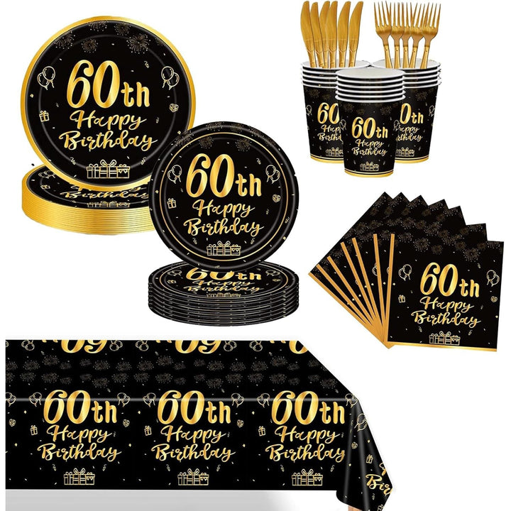60th Birthday Tableware Set – Black & Gold, 145 Pieces - Just Closeouts Canada Inc.