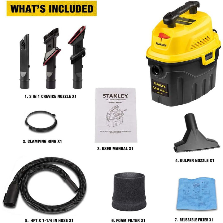 Stanley SL18910P-3 Wet/Dry, 3 Gallon, 3 Horsepower, Portable Car Vacuum, 3.0 HP AC, Black+Yellow