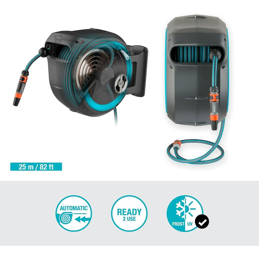 Gardena 82 Foot Wall Mounted Retractable Hose Reel With Hose, 18620