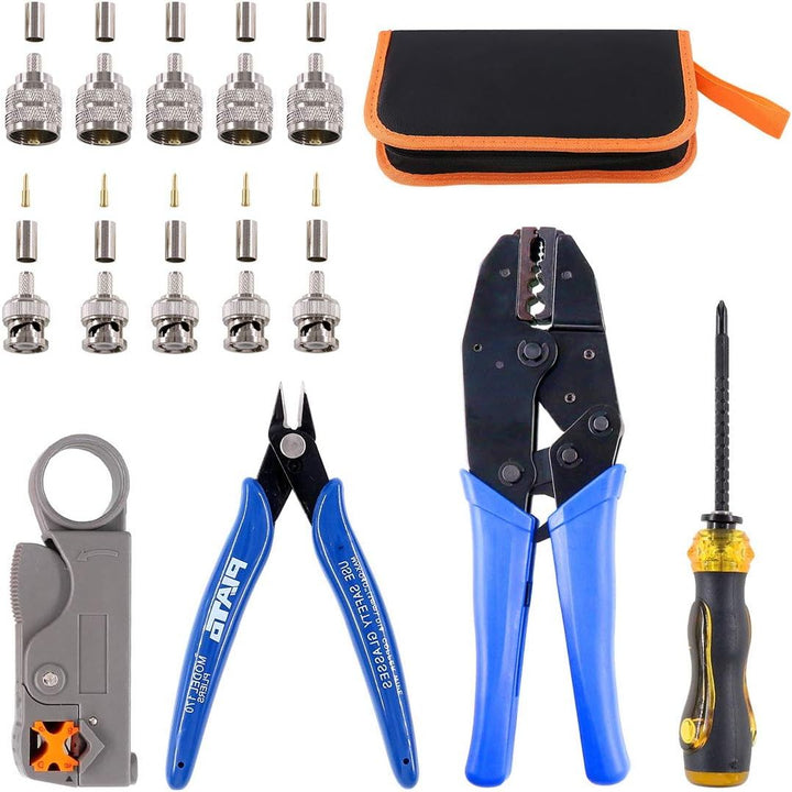 Coaxial Cable Tool Set, Coax RF Connector Crimping Tool + Coaxial Cable Stripper + BNC/UHF Crimp Male Connectors + Wire Cutter + Screw Driver for RG58, RG59, RG62, RG174 (Blue Coloured Casing)