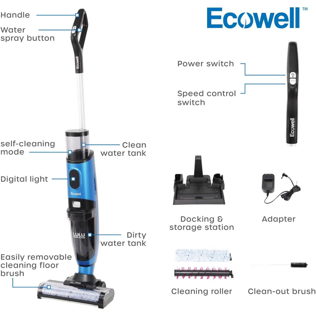 Ecowell Cordless Wet Dry Vacuum Cleaner Multi-Surface for Hard Floors and Area Rug, Voice Prompt, LULU Quick Clean P04, Blue
