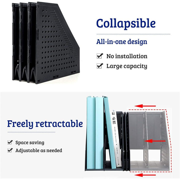 Collapsible Magazine Holder Plastic Desktop Vertical 4 Compartment File Magazine Organizer Holder File Divider Sorter Stand Office Document Organizer Storage Box Bins Home School Black