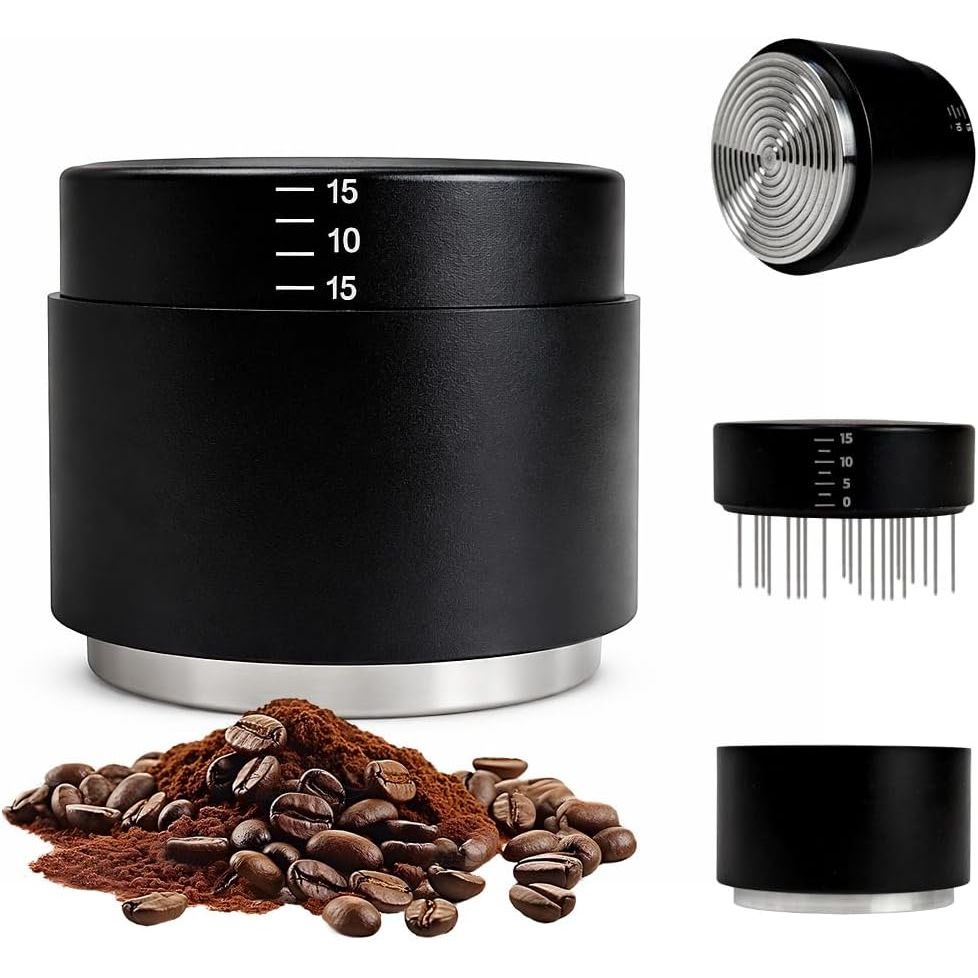 Espresso Tamper 53mm, 3-in-1 Coffee Distributor with WDT Tool, Adjustable Depth Coffee Tamper with Calibrated Spring, Professional Barista Espresso Accessories (53mm)