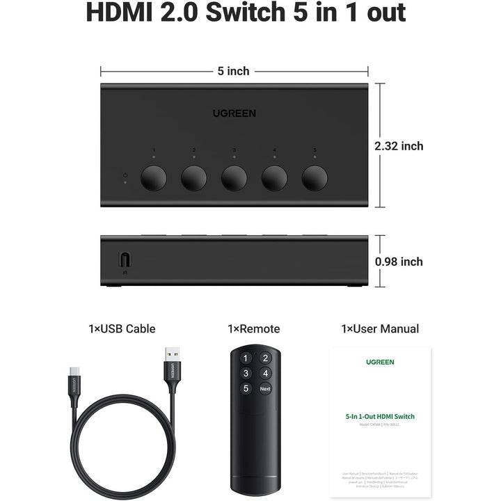 HDMI Switch 5 in 1 Out 4K@60Hz, HDMI 2.0 Switcher 5 Port with IR Remote Selector Box 4K HDR 3D Dolby Vision Atmos CEC HDCP2.2, Compatible with PS5 4 3 Xbox Switch TV Black