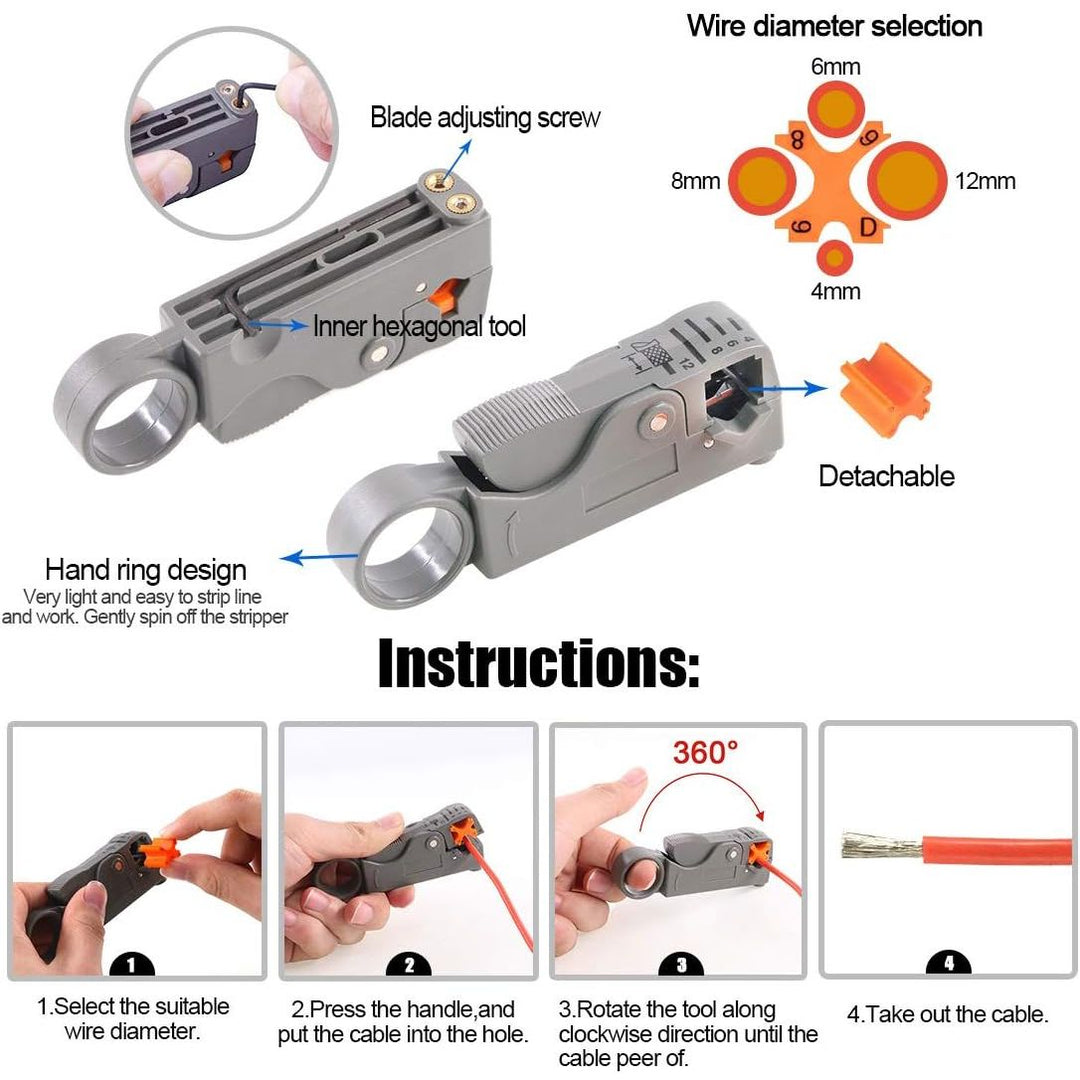 Coaxial Cable Tool Set, Coax RF Connector Crimping Tool + Coaxial Cable Stripper + BNC/UHF Crimp Male Connectors + Wire Cutter + Screw Driver for RG58, RG59, RG62, RG174 (Blue Coloured Casing)