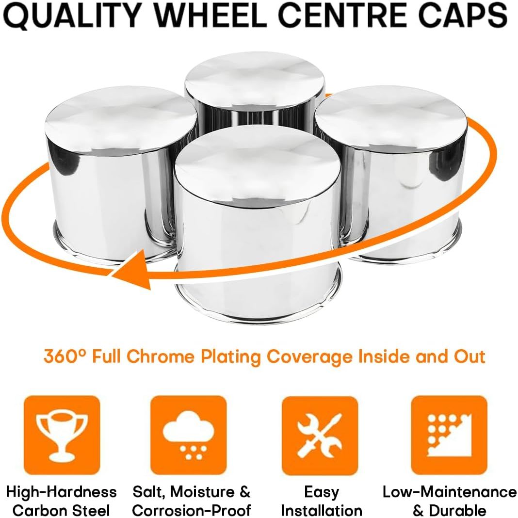 4Pcs 5.15inch Trailer Wheel Center Caps Fit 5.15" Center Bore Truck Trailer RV SUV Wheels Rims, Carbon Steel Chrome Silver Hub Covers