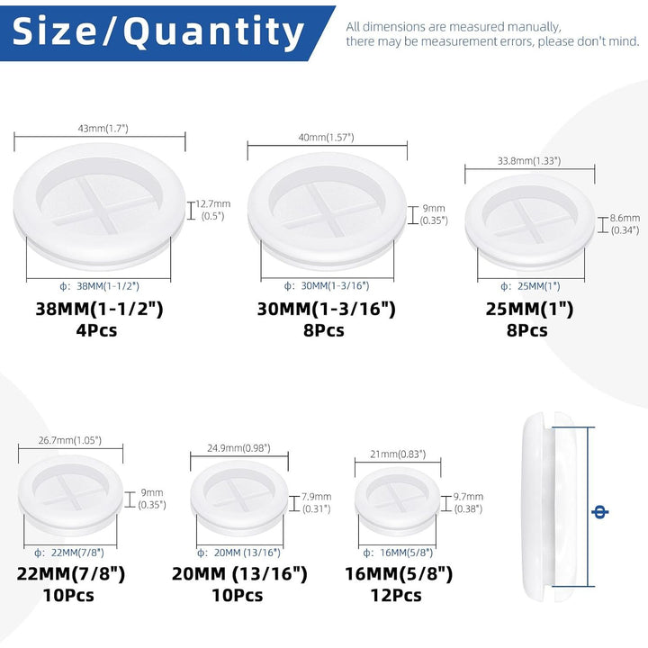 52pcs 6 Sizes Double Sided Round Rubber Hole Plug Set, White Rubber Grommet Double Sided Electrical Wire Gaskets, Hole Synthetic Rubber Plug for Wire, Cable Protection