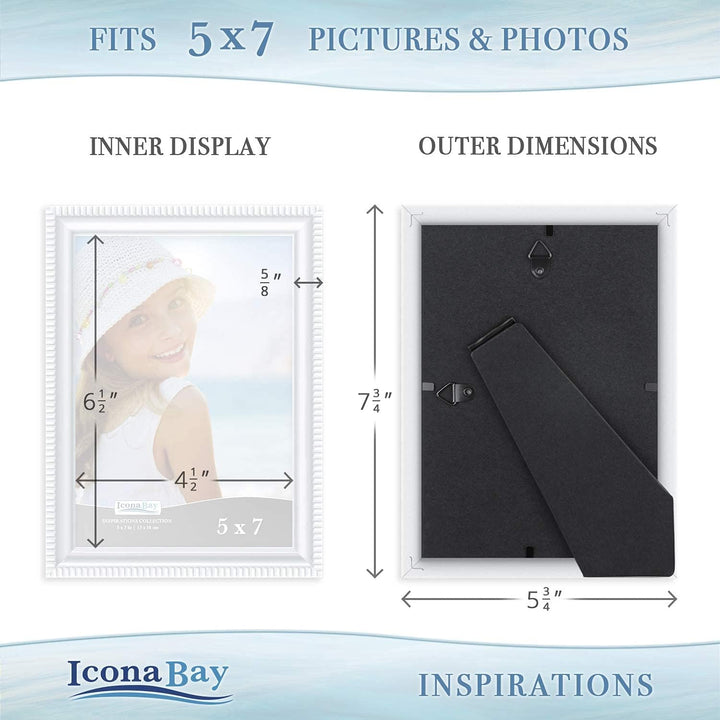 5x7 (13x18 cm) Picture Frames, Beautifully Detailed Molding, Contemporary Picture Frame Set, Wall Mount or Table Top, Inspirations Collection,  (White, 6 Pack)