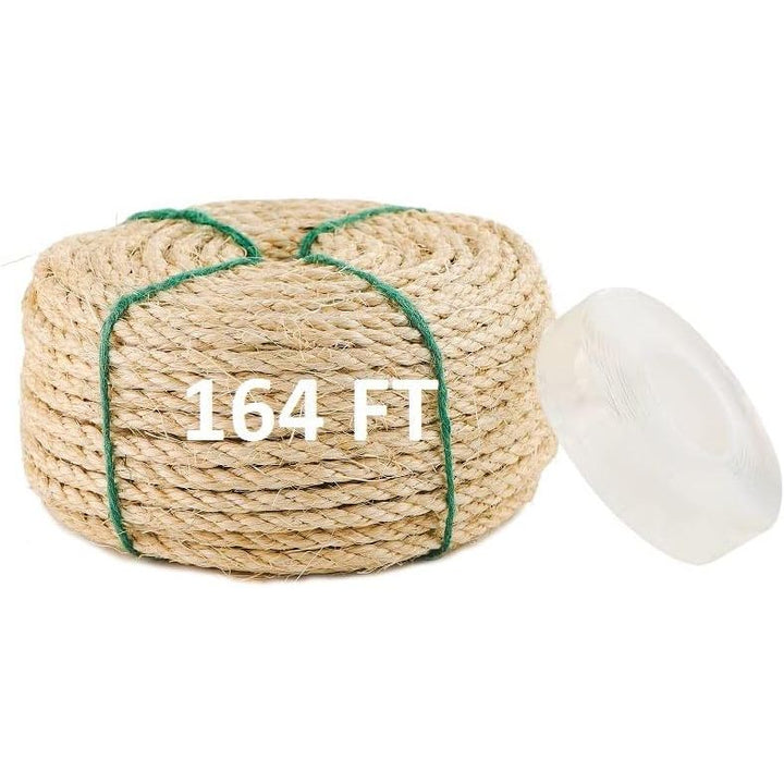 MEEXPAWS Natural Strong Sisal Rope Replacement for Cat Scratching Posts | Adhesive Tapes for Winding Easy & Tight | 1/4 “ Diameter | Brown | 164FT
