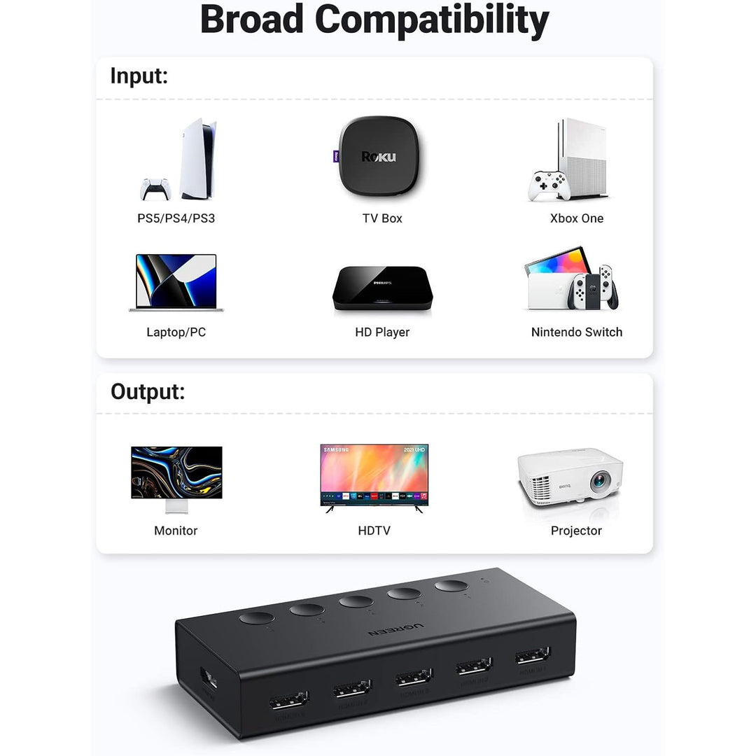 HDMI Switch 5 in 1 Out 4K@60Hz, HDMI 2.0 Switcher 5 Port with IR Remote Selector Box 4K HDR 3D Dolby Vision Atmos CEC HDCP2.2, Compatible with PS5 4 3 Xbox Switch TV Black