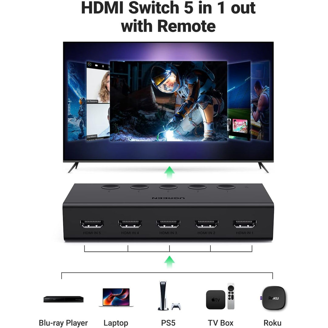 HDMI Switch 5 in 1 Out 4K@60Hz, HDMI 2.0 Switcher 5 Port with IR Remote Selector Box 4K HDR 3D Dolby Vision Atmos CEC HDCP2.2, Compatible with PS5 4 3 Xbox Switch TV Black