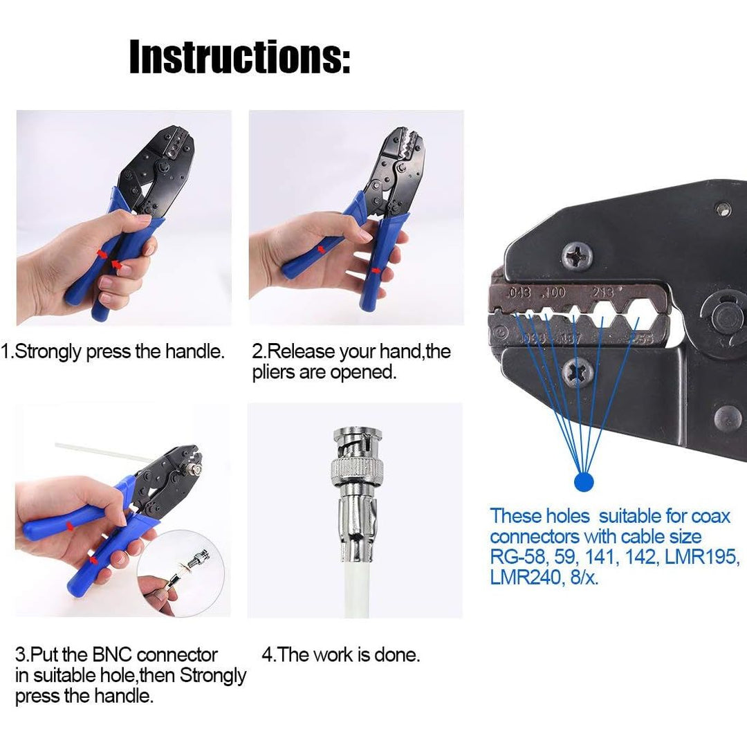 Coaxial Cable Tool Set, Coax RF Connector Crimping Tool + Coaxial Cable Stripper + BNC/UHF Crimp Male Connectors + Wire Cutter + Screw Driver for RG58, RG59, RG62, RG174 (Blue Coloured Casing)