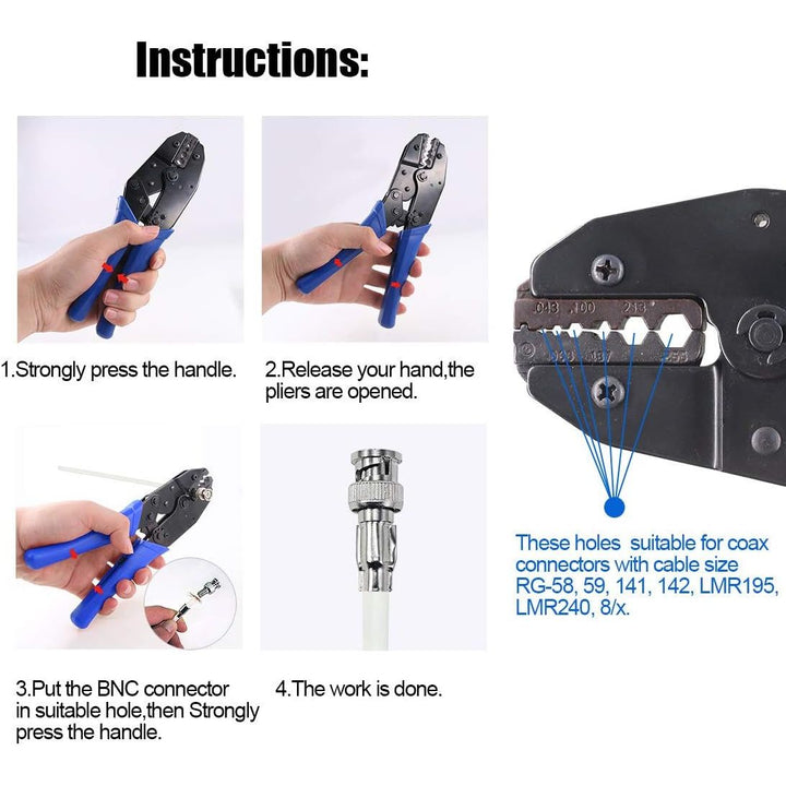 Coaxial Cable Tool Set, Coax RF Connector Crimping Tool + Coaxial Cable Stripper + BNC/UHF Crimp Male Connectors + Wire Cutter + Screw Driver for RG58, RG59, RG62, RG174 (Blue Coloured Casing)