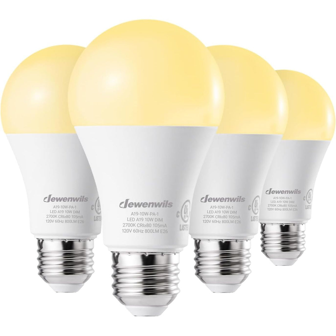4-Pack Dimmable LED A19 Light Bulb, Soft White Light with Warm Glow, 800 Lumen, 2700K, 10W (60 Watt Equivalent), E26 Medium Screw Base, UL Listed