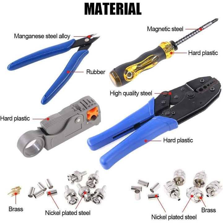 Coaxial Cable Tool Set, Coax RF Connector Crimping Tool + Coaxial Cable Stripper + BNC/UHF Crimp Male Connectors + Wire Cutter + Screw Driver for RG58, RG59, RG62, RG174 (Blue Coloured Casing)