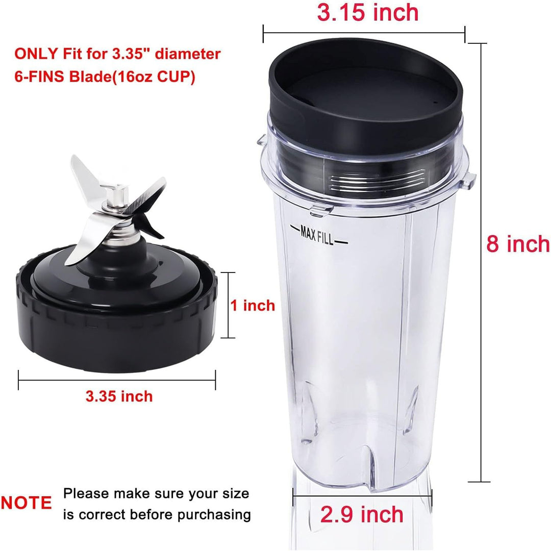 Replacement Parts Compatible with Nutri Ninja, Blender Blade 6 Fins and 2 Pcs 16oz Single Serve Blender Cup Set Compatible with Ninja BL660 BL740 BL780 BL771 BL772 BL773CO