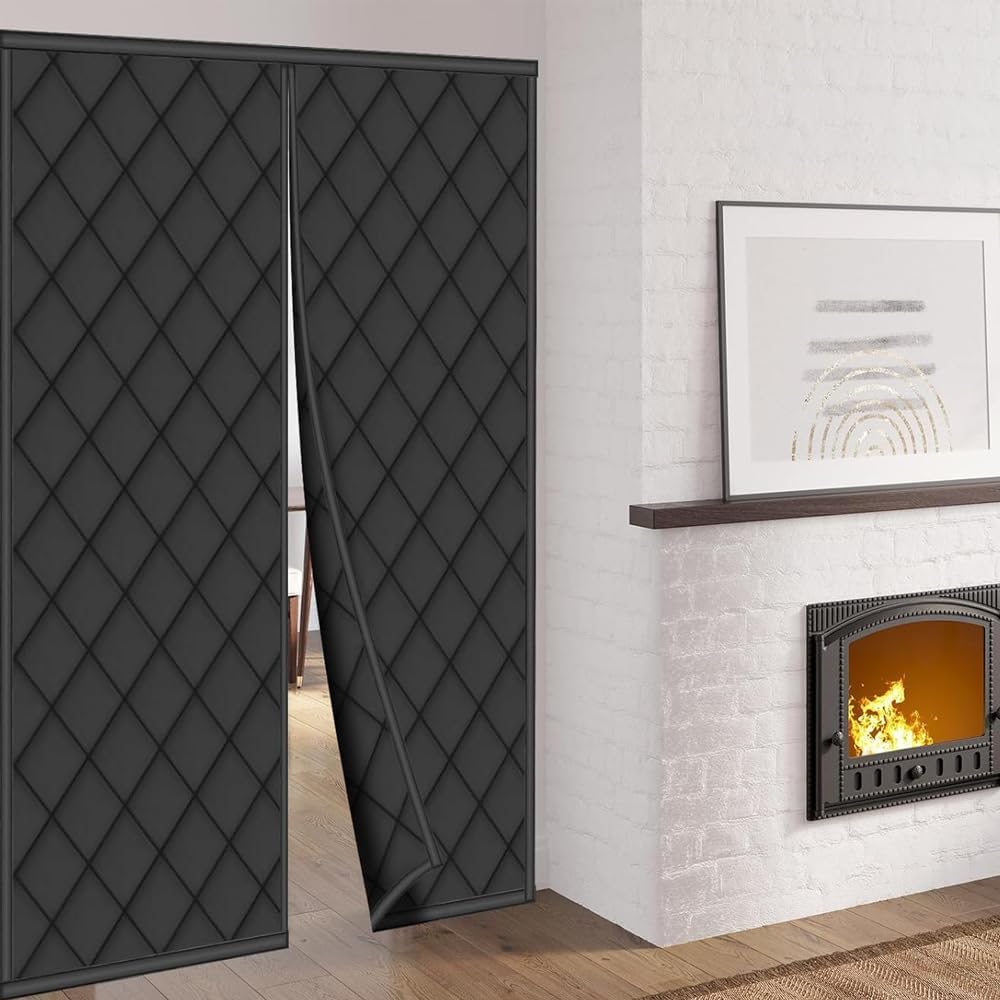 72"X 80"Magnetic Thermal Insulated Door Curtain Winter Door Curtain Insulated Curtains For Thermal Upgraded Oxford Cloth Filled Thicken Cotton Winter Cover To Basement Laundry Room(Black + Clear)