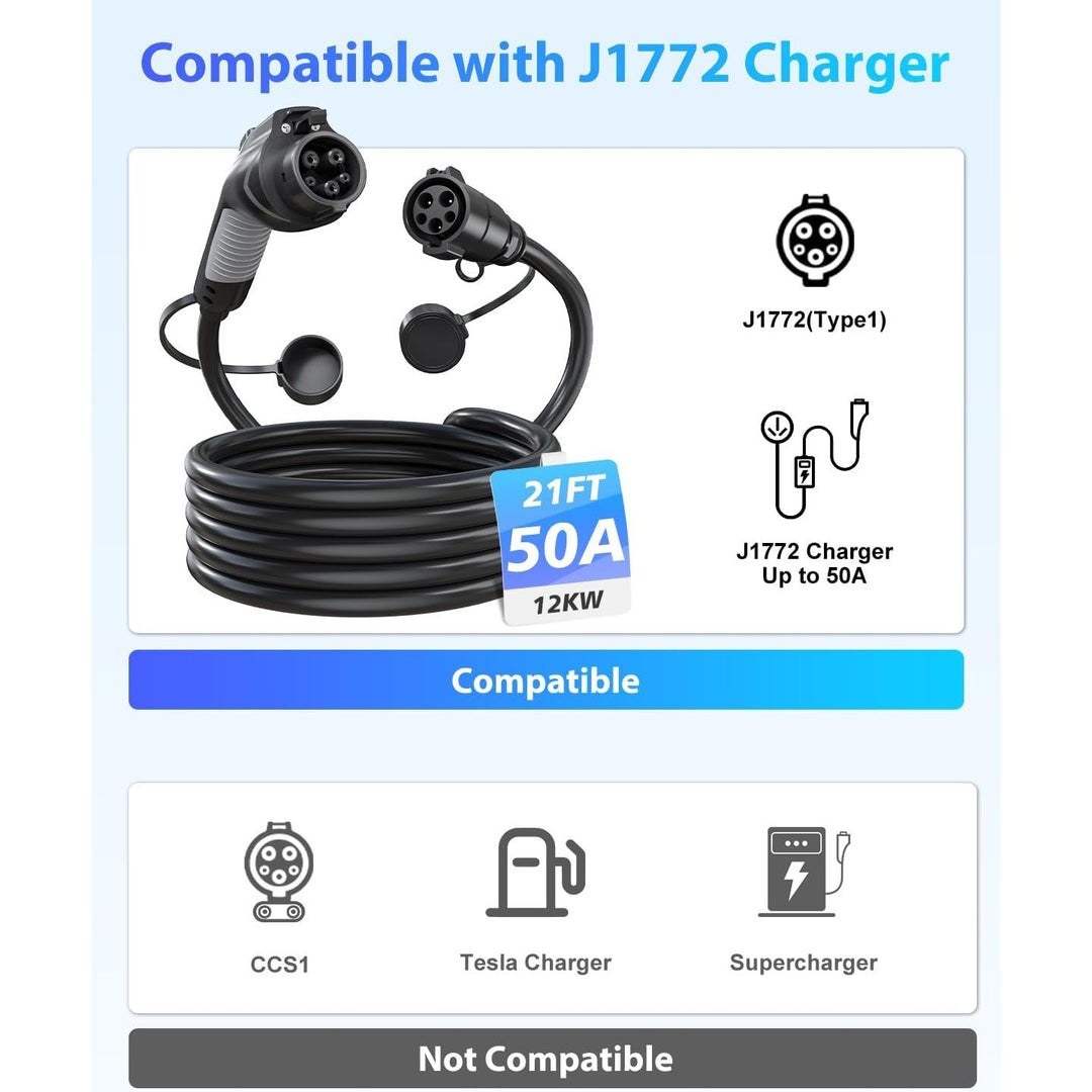 J1772 Extension Cable, EV Charger Extension Cord 50A 21FT Charging Cable for Electric Vehicle 110V-240V Compatible for All SAE J1772 Chargers (50A - 21FT)