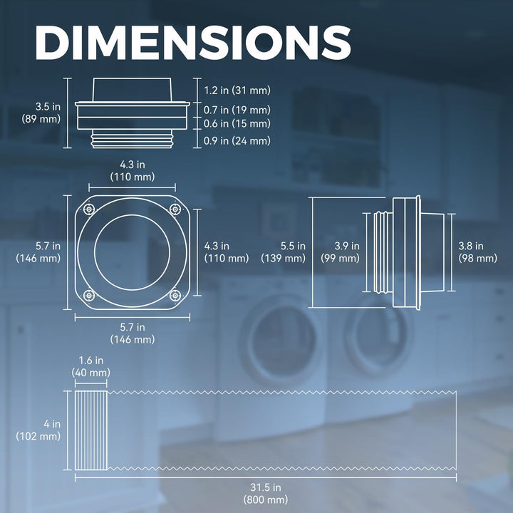 Magnetic Dryer Vent Coupling DV180 Airtight Seal Dryer Vent Connector Kit Easy to Clean Quick Connector Including a 2.6ft 4" Duct and two Clamps Large