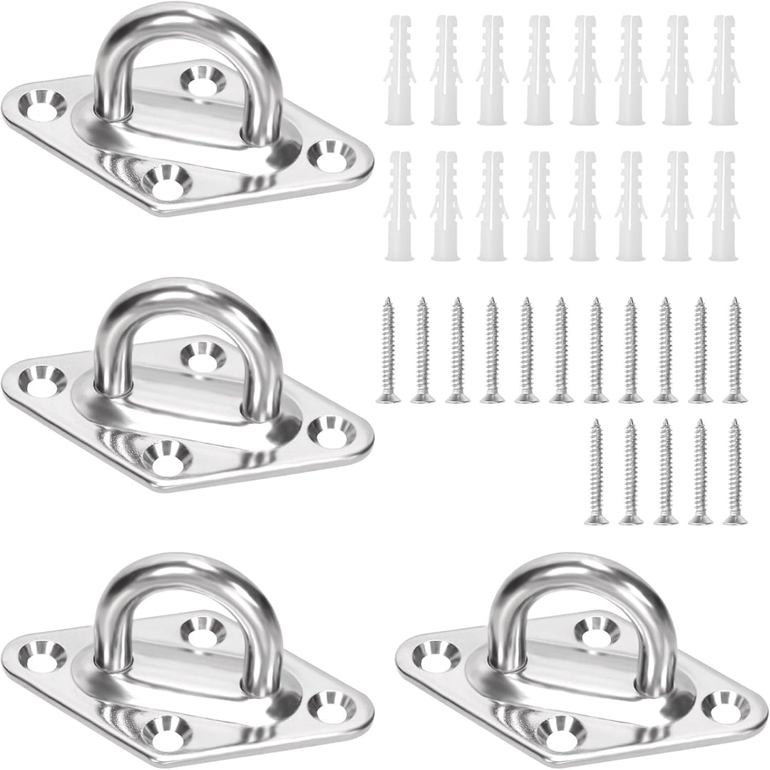 4Pcs M5 304 Stainless Steel Silver Rhombus Pad Eye Plate Hook with Screws and Plastic Anchors Assortment Kit, Marine Hardware Hooks Ceiling U Hook Staple Ring Hook for Securing Hanging