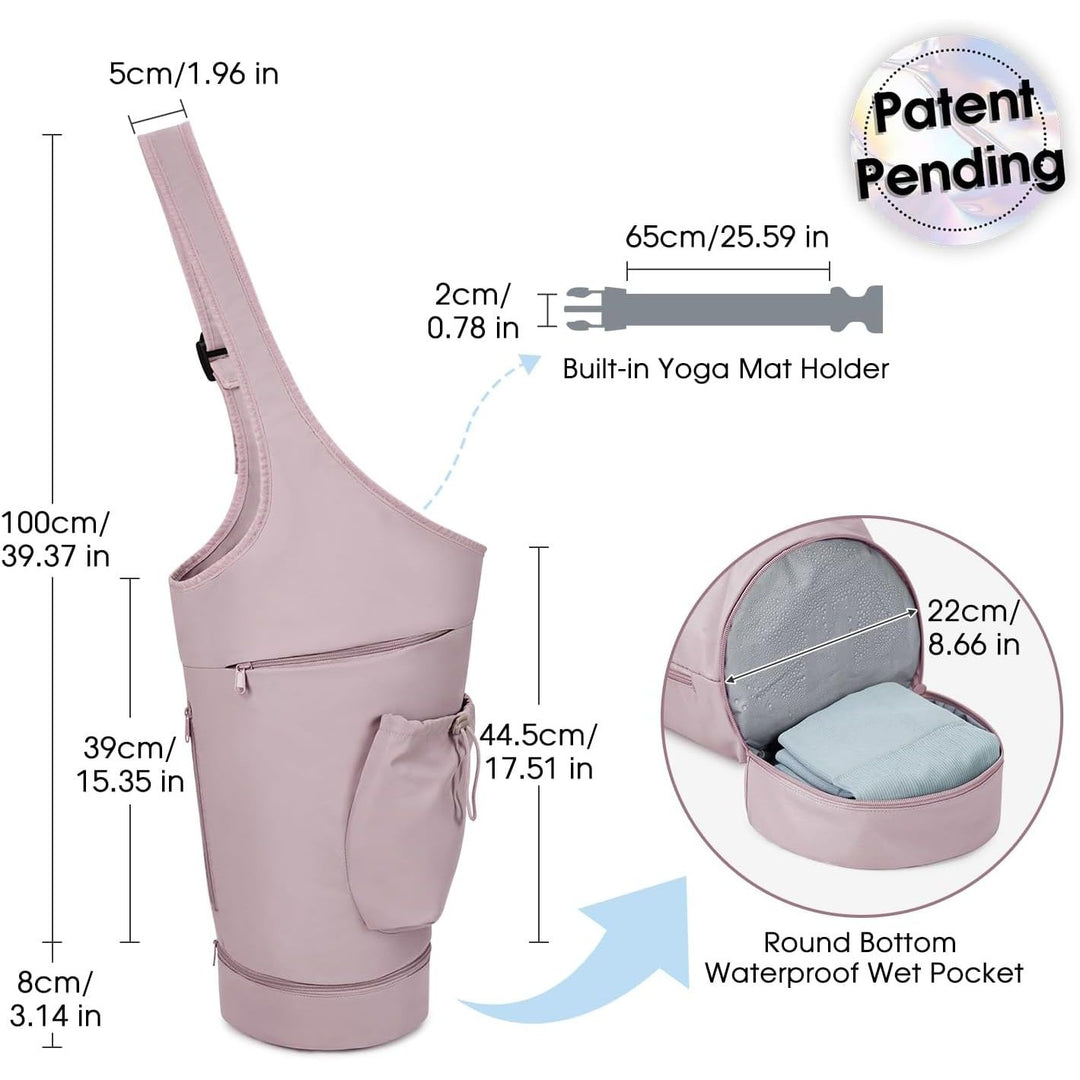 Yoga Mat Bag, Large Opening Long Tote Yoga Mat Carrier Holder Bag with Waterproof Wet Pocket and Drawstring Water Bottle Pocket, Adjustable Shoulder Strap Storage Bag, patent pending
