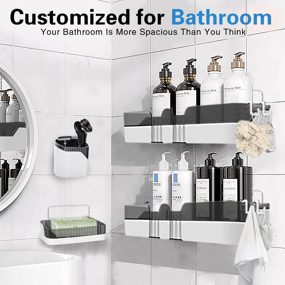WeshyiGo Shower Caddy No Drilling Shower Organizers with Soap Dish Toothbrush Holder and Hooks Plastic Detachable Large Bathroom Countertop Organizer