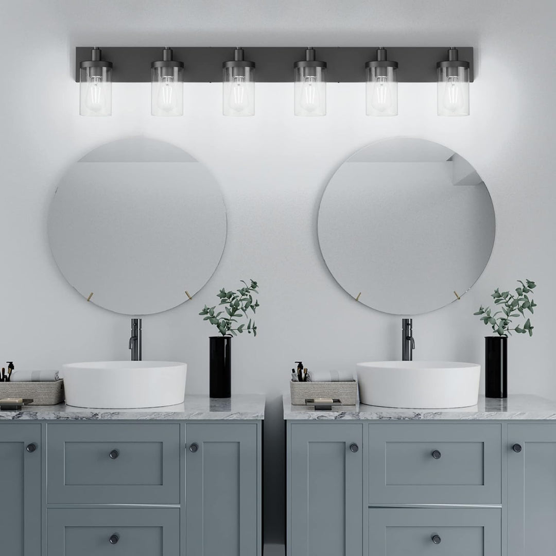 48in Vanity Light Black Bathroom Vanity Lighting Fixtures 6 Light Bathroom Light Fixtures with Clear Glass Shade(Exclude Bulb)