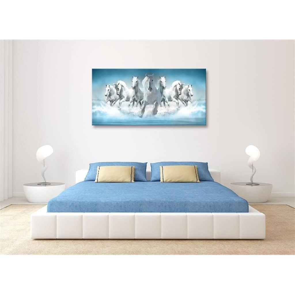 7 White Running Horses Wall Art Modern Blue Canvas Print Picture Artwork Animal Painting for Living Room Decor Bedroom Office - Just Closeouts Canada Inc.
