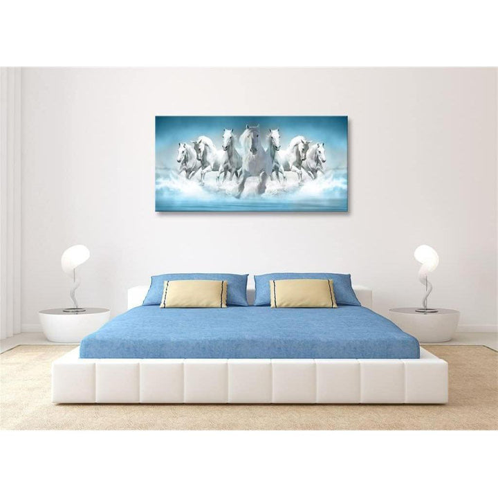 7 White Running Horses Wall Art Modern Blue Canvas Print Picture Artwork Animal Painting for Living Room Decor Bedroom Office - Just Closeouts Canada Inc.