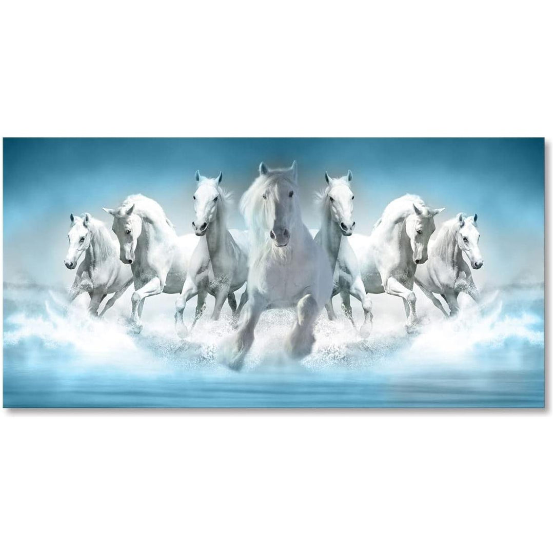 7 White Running Horses Wall Art Modern Blue Canvas Print Picture Artwork Animal Painting for Living Room Decor Bedroom Office - Just Closeouts Canada Inc.