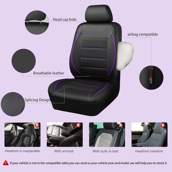 Piping PU Leather Car Seat Cover,Inside Zipper Design and Reserved Opening Holes Airbag Compatible,Universal FIT for Car, SUVs,Van,Trucks,Full Set, Black & Purple