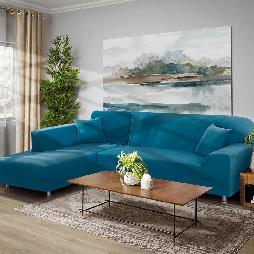 Sectional Couch Covers Stretch 2pcs Sofa Covers for L Shaped Couch Softness Sofa Slipcovers 3 Seater + 3 Seater with 2pcs Pillowcases L-Type Polyester Fabric Couch Covers (Turquoise Blue)