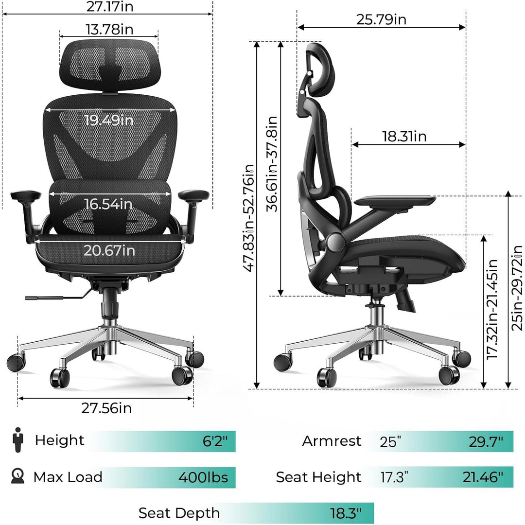 Ergonomic Mesh Office Chair, Adjustable Lumbar High Back Desk Chair 400lbs, 4D Flip-up Arms, 3-Level Tilt Backrest, 3D Headrest, PU Wheels, Swivel Rolling