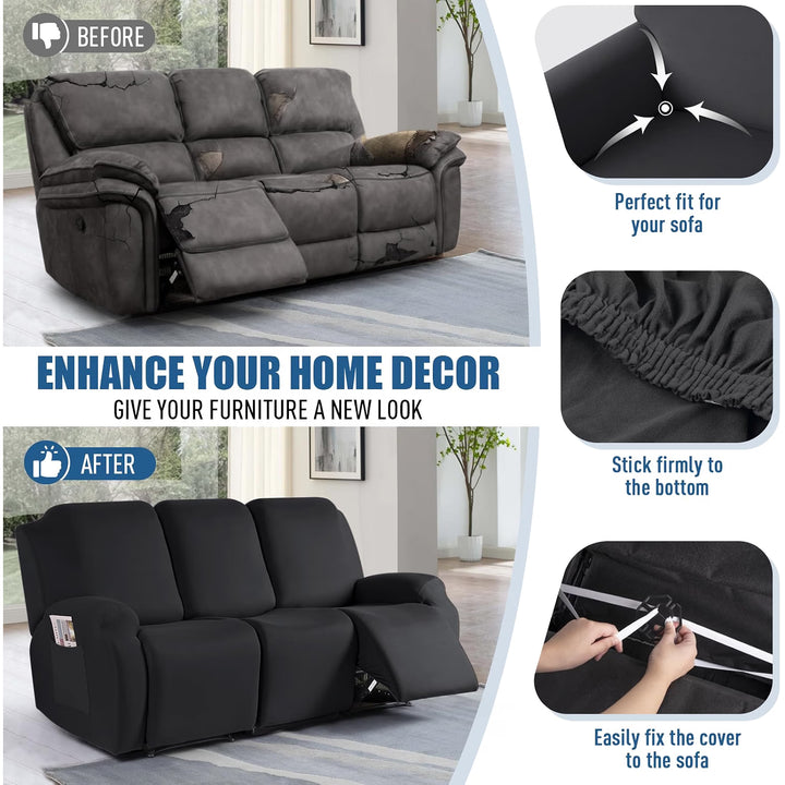Recliner Sofa Slipcover, 3 Pieces Polyester Fabric Stretch Sofa Covers for 3 Seat Reclining Couch, Soft Washable Furniture Protector with Pockets (3 Seat, Black)