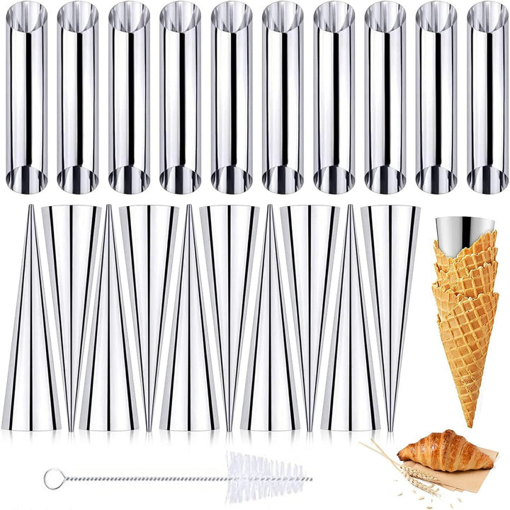 21Pcs Cannoli Tubes Cream Horn Molds Set, 10 Cone Shaped Cannoli Rings, 10 Tubular Shaped Cannoli Rolls, Stainless Steel Baking Mold for Screw Croissant, Pastry, Bread, Waffle. Cleaning Brush