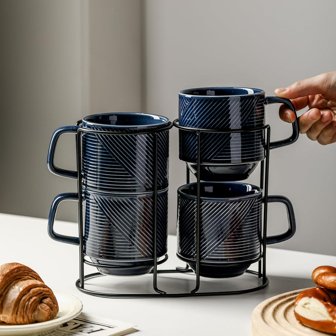 Stackable Coffee Mugs with Rack: 13 oz Stacking Ceramic Cups with Stand - Porcelain Stacked Tea Mug Set of 4 (Navy)