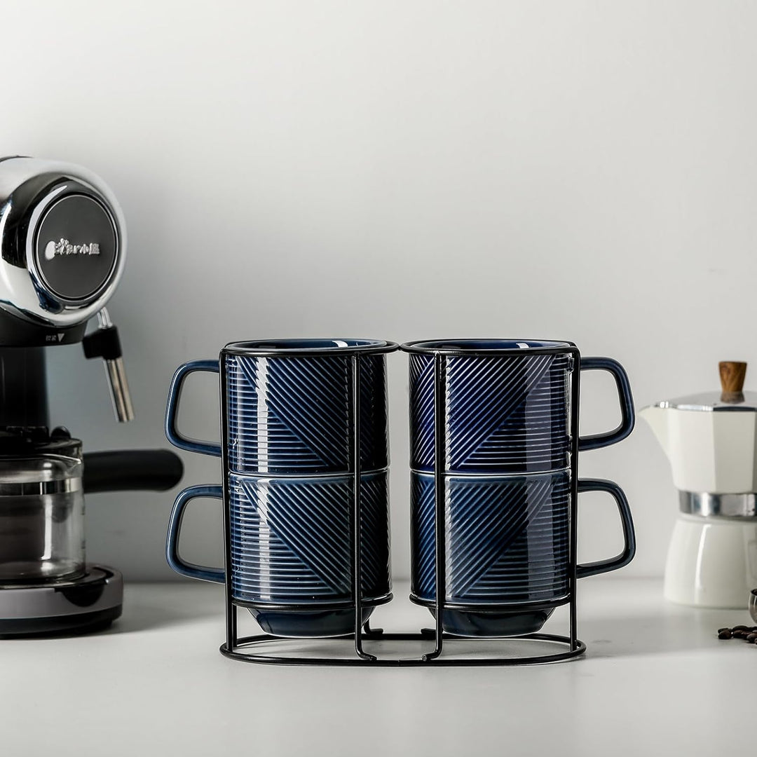 Stackable Coffee Mugs with Rack: 13 oz Stacking Ceramic Cups with Stand - Porcelain Stacked Tea Mug Set of 4 (Navy)