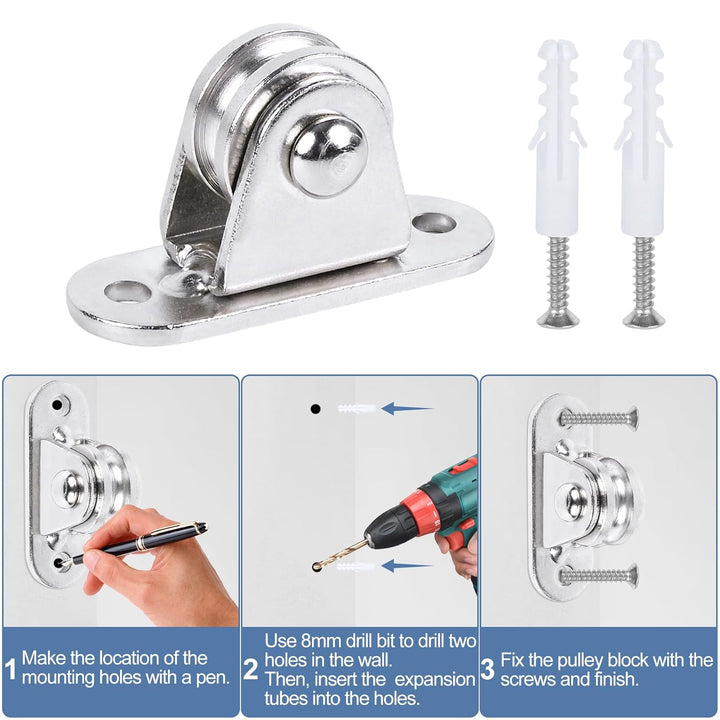 Small Pulley Block 1" Stainless Steel Mini Duplex Pulley Roller Frictionless Silent Wheel Heavy Duty Fixed Pulley Loading 176 lb for Rope Cable Cord Guide & Wall Ceiling Mount DIY Project - 2 Pack