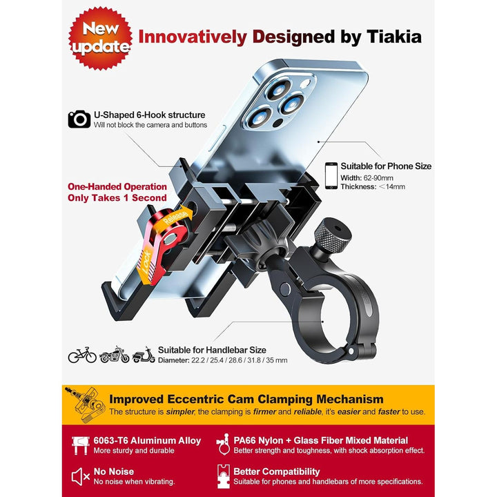 Tiakia Bike Phone Mount Holder, Aluminum Motorcycle Phone Mount, Handlebar Mounted Cell Phone Holder for Bike, 360° Rotation, Universal Bicycle Phone Mount for 4.5-7 Inch Phones