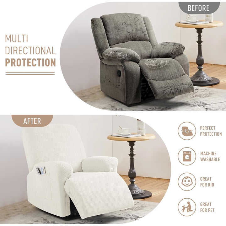Recliner Chair Covers, Stretch Reclining Cover, Cream 1 Seat Jacquard Soft Recliner Slipcovers, Washable Recliner Couch Covers, Furniture Protector Covers with Pocket for Pet Kid