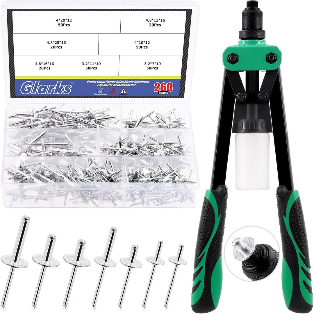 261Pcs Rivet Gun with Large Flange Pop Rivets Set 13" Heavy Duty Handle Riveter and 260Pcs 7 Sizes Aluminum Large Flange Blind Rivets Assortment Kit for Metal, Automotive, Boat