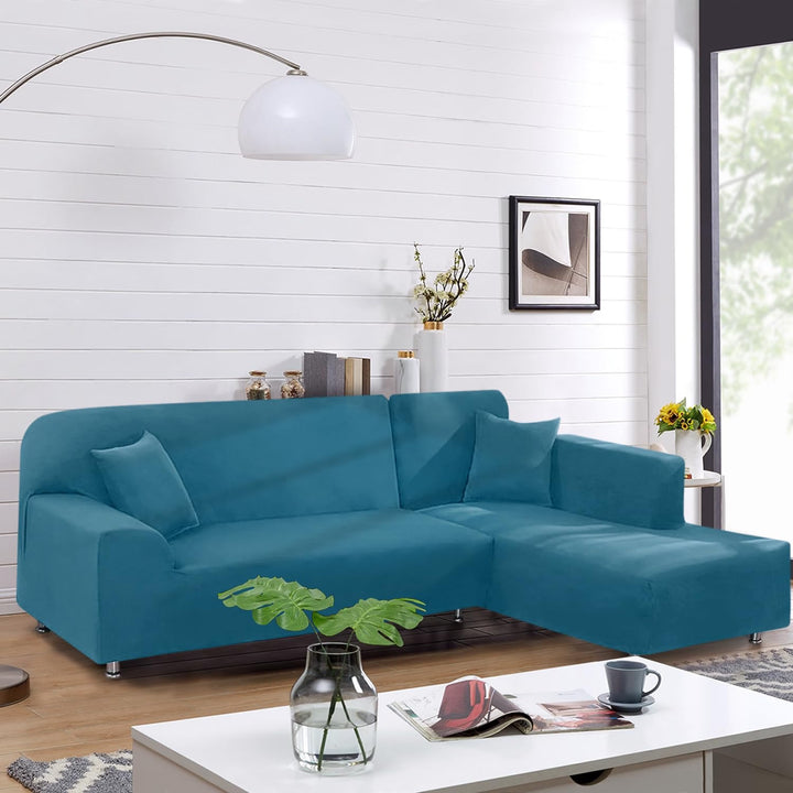 Sectional Couch Covers Stretch 2pcs Sofa Covers for L Shaped Couch Softness Sofa Slipcovers 3 Seater + 3 Seater with 2pcs Pillowcases L-Type Polyester Fabric Couch Covers (Turquoise Blue)