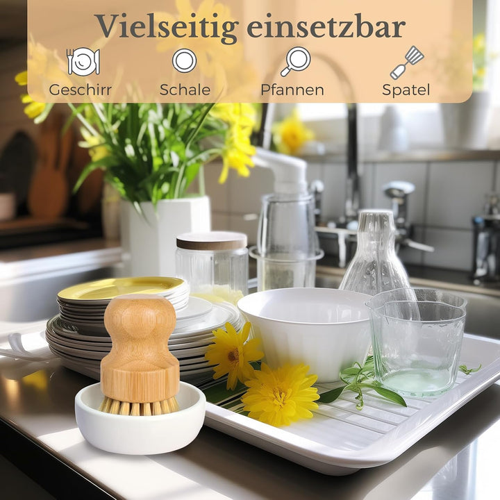 Natural Bamboo Brush, 2Pcs Sisal Scrub Brush with Ceramic Dish