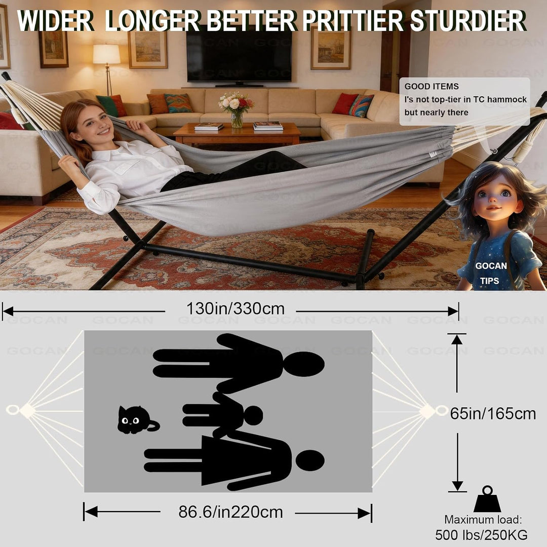 Double 2 Person XXL Hammock, 220 x 150cm, Grey