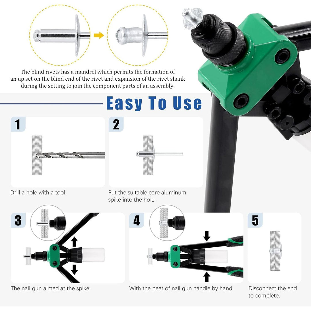 261Pcs Rivet Gun with Large Flange Pop Rivets Set 13" Heavy Duty Handle Riveter and 260Pcs 7 Sizes Aluminum Large Flange Blind Rivets Assortment Kit for Metal, Automotive, Boat