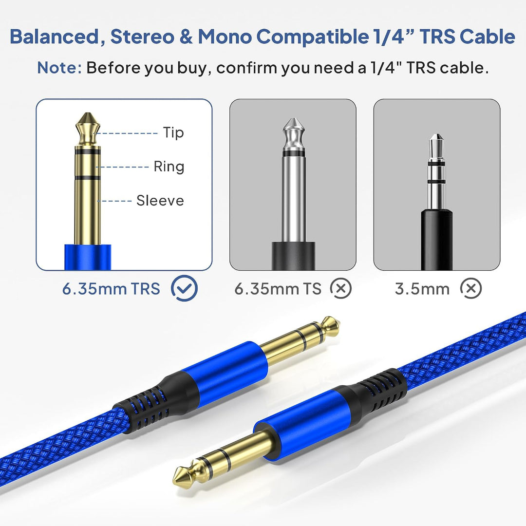 1/4 Inch TRS Instrument Cable 20ft 2-Pack,Straight 6.35mm Male Jack Stereo Audio Interconnect Cord,6.35 Balanced Line Compatible for Electric Guitar,Bass,Keyboard,Amplifier,Amp,Speaker