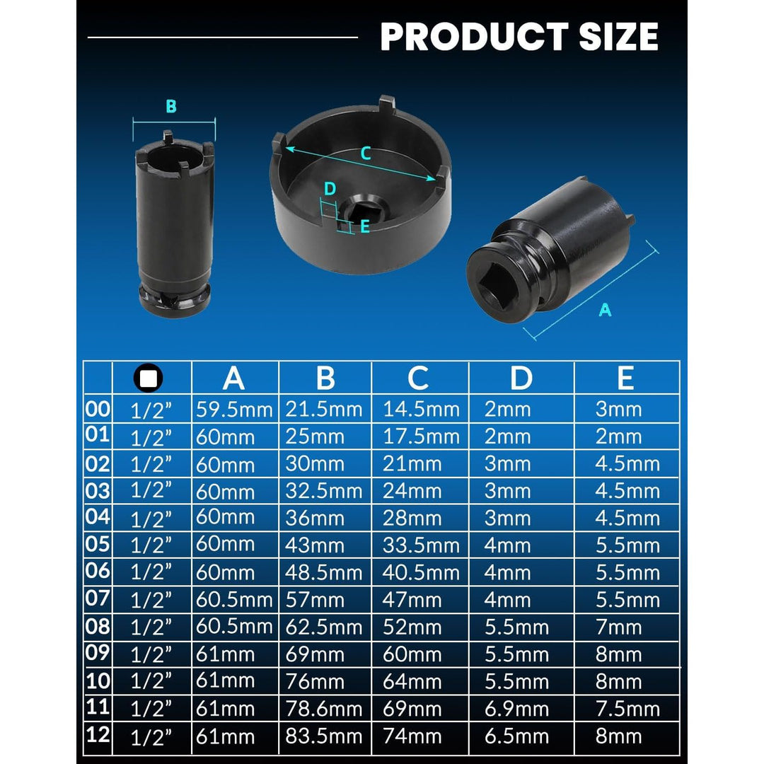 13pc Spindle Nuts Socket Kit Ball Joints Axle Locknut Remove Install Locking Hub Socket for KM Groove Nuts, 4 Teeth Exterior with 1/2'' 21.5mm 25mm 30mm 32.5mm 36mm 43mm 48.5mm 57mm 62.5mm 69mm 76mm